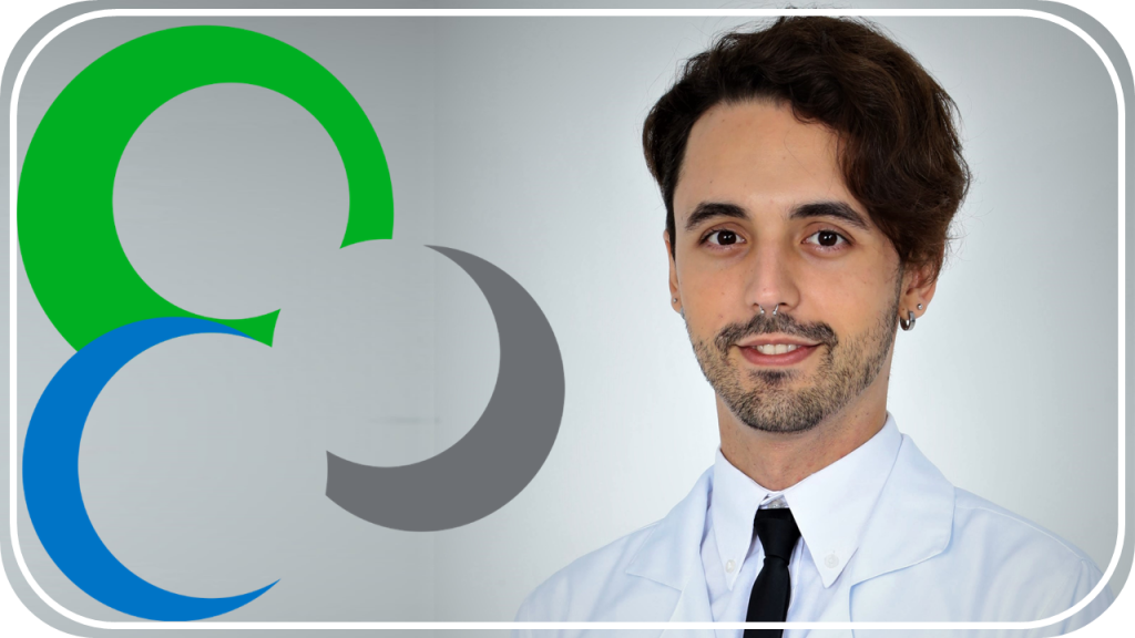 Símbolo do DQ sobre fundo Cinza (esquerda) e fotografia de Thales dVM (direita)